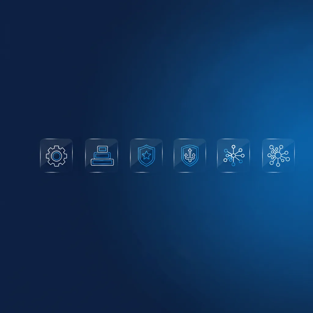 Ilustração de etapas de configuração conectadas em linha, do declarativo ao ponto de decisão
