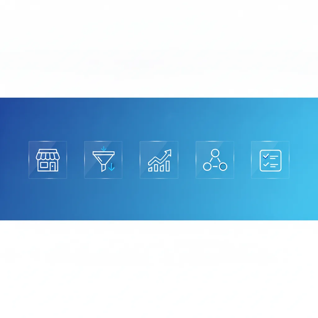Ilustração de elementos de CRM conectados em linha representando o Salesforce numa empresa pequena